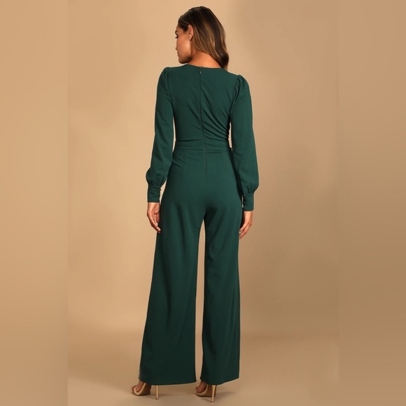 Lulus - Celebrating Romance Emerald Green Long Sleeve Wide-Leg Jumpsuit - Small - Picture 5 of 5